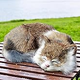 Lifelike Brown and White Sleeping Cat Figurine - Realistic Curled Up Doughnut Pose Fawn Bicolor Kitten Statue, Faux Fur Kitty Home Decor Gift