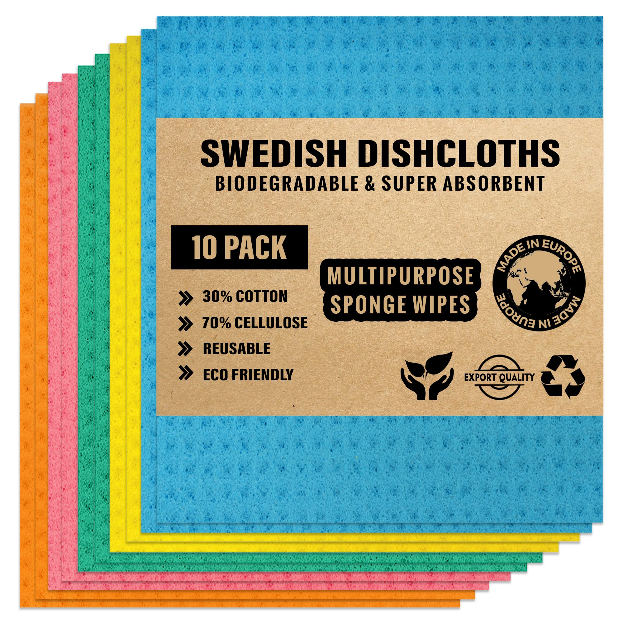 SUHSAI Eco Friendly Swedish Dishcloth 10Pack Biodegradable Cellulose Sponge Kitchen Towels Super Absorbent Kitchen Cloth & Reusable Cleaning Cloth Wipes for Washing Dishes - Replaces Paper Towel