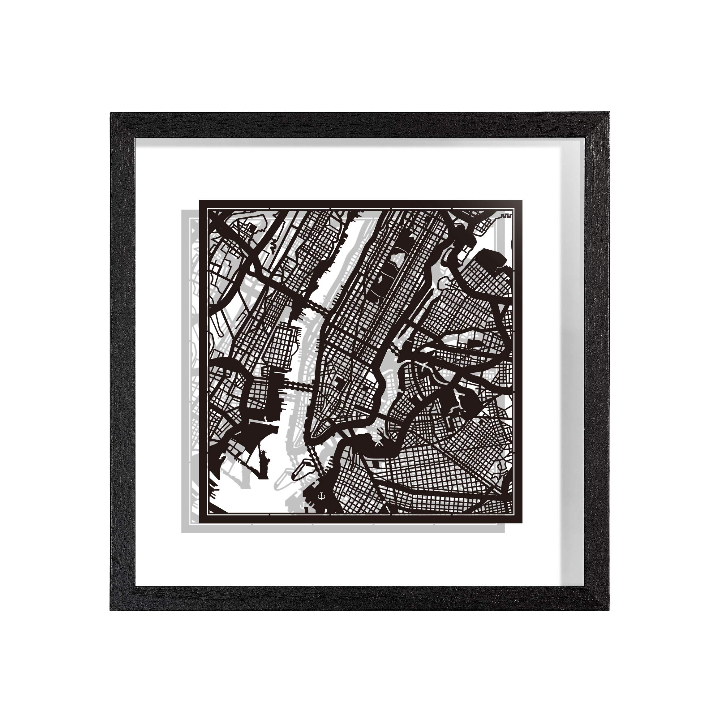 O3 DESIGN STUDIO New York Paper Cut Map framed, Black map, Black frame, 9x9 inches, Gift Boxed, 2 background color, self-changing, Paper Art