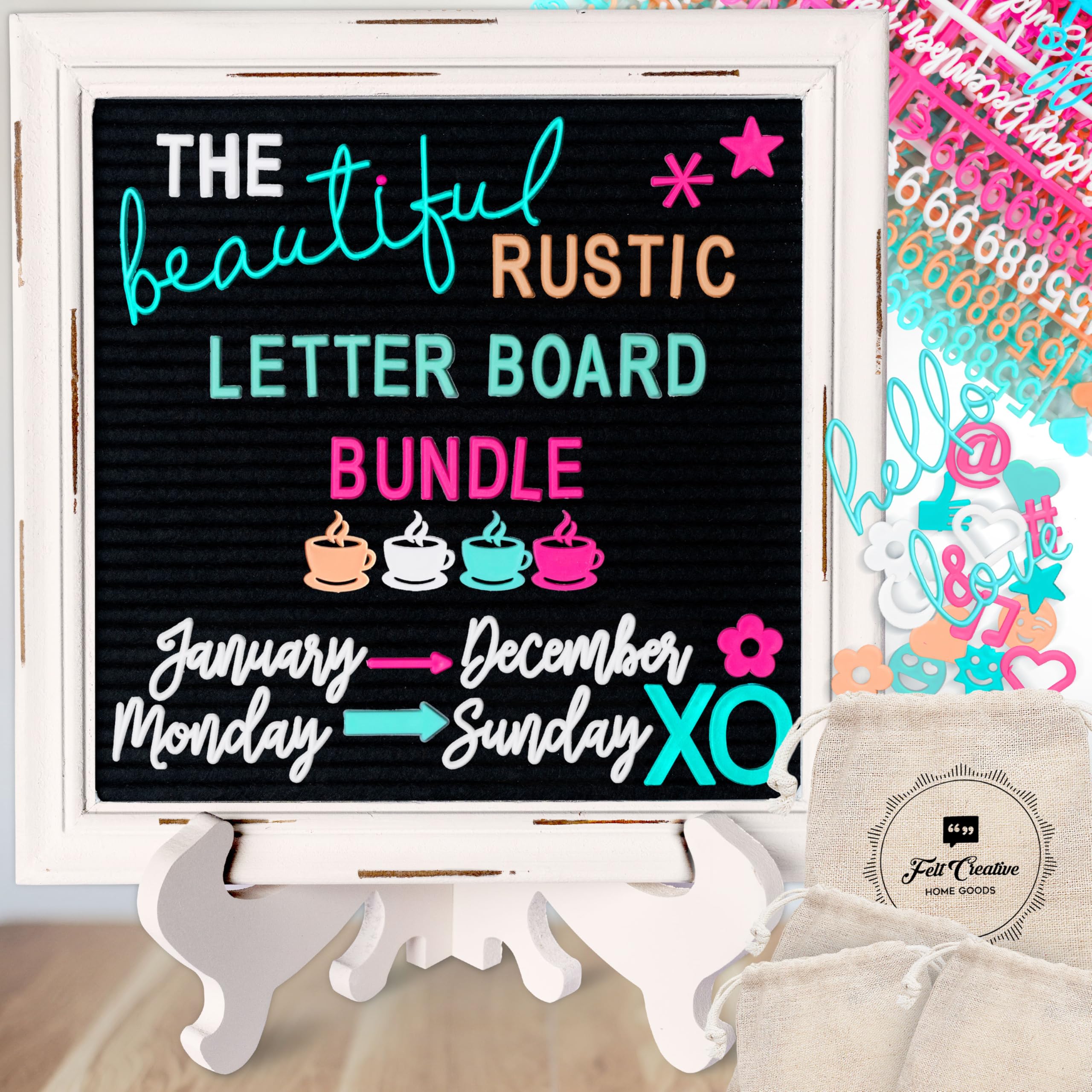Rustic Felt Letter Board Ultimate Bundle Farmhouse Vintage White Wood Frame and Stand by Felt Creative Home Goods Changeable Message Memo Board 800+ Letter Set and Custom Easel (Black, 10x10 Inches)