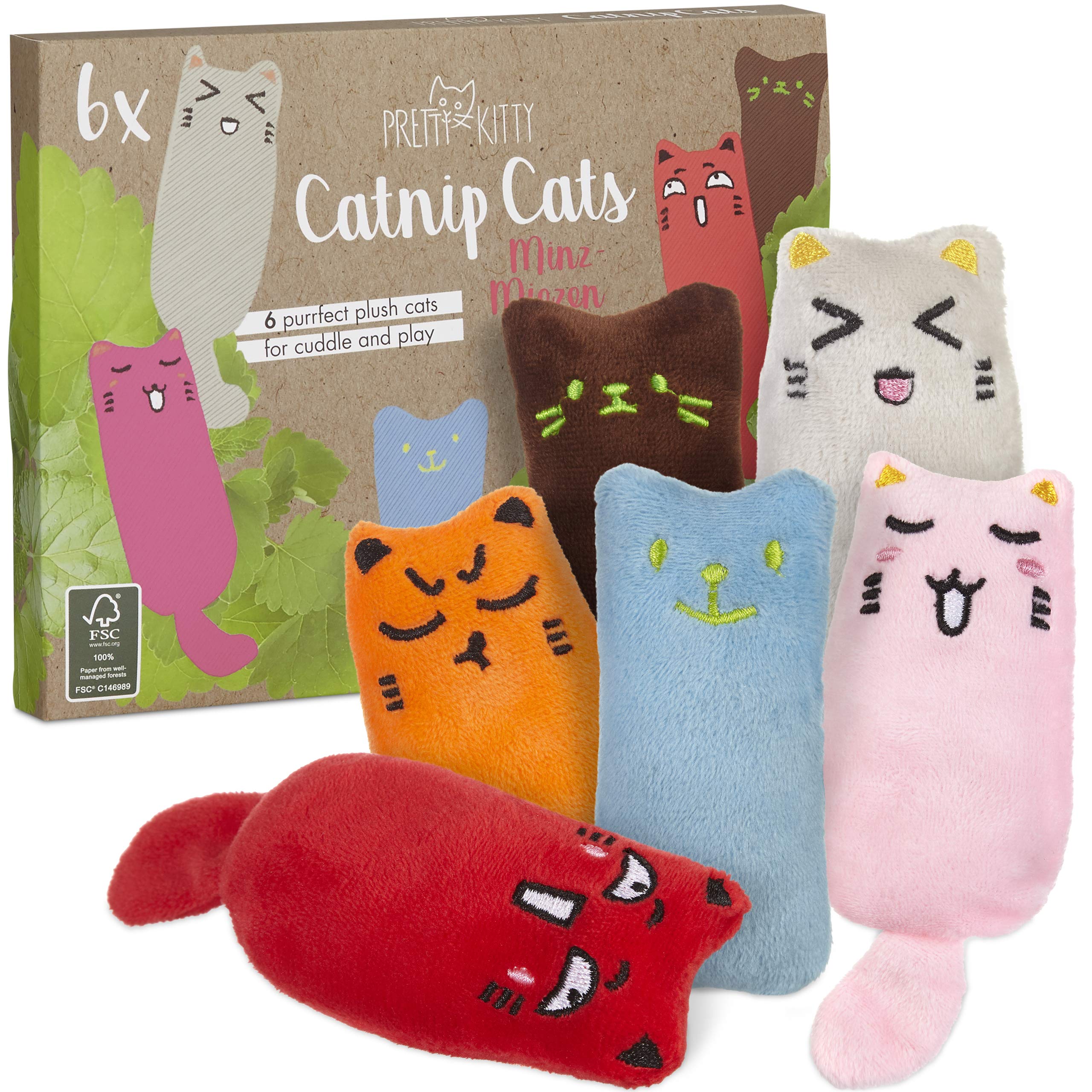 PRETTY KITTY Premium Catnip Toys for Indoor Cats - 6x Soft Pillow Toys - Cute Kitten Presents