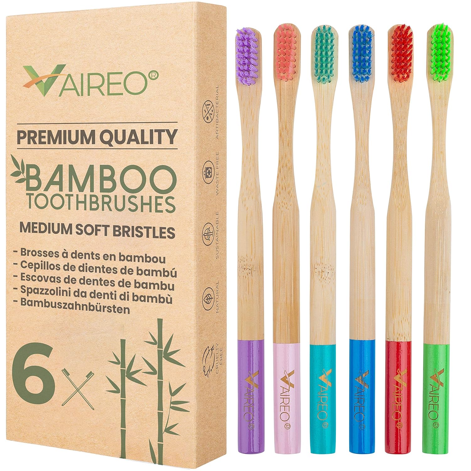 Vaireo Bamboo Toothbrushes 6 Pack Eco Friendly Travel Wood Toothbrush Medium Soft Bristles Natural Biodegradable Wooden Recyclable Organic Vegan