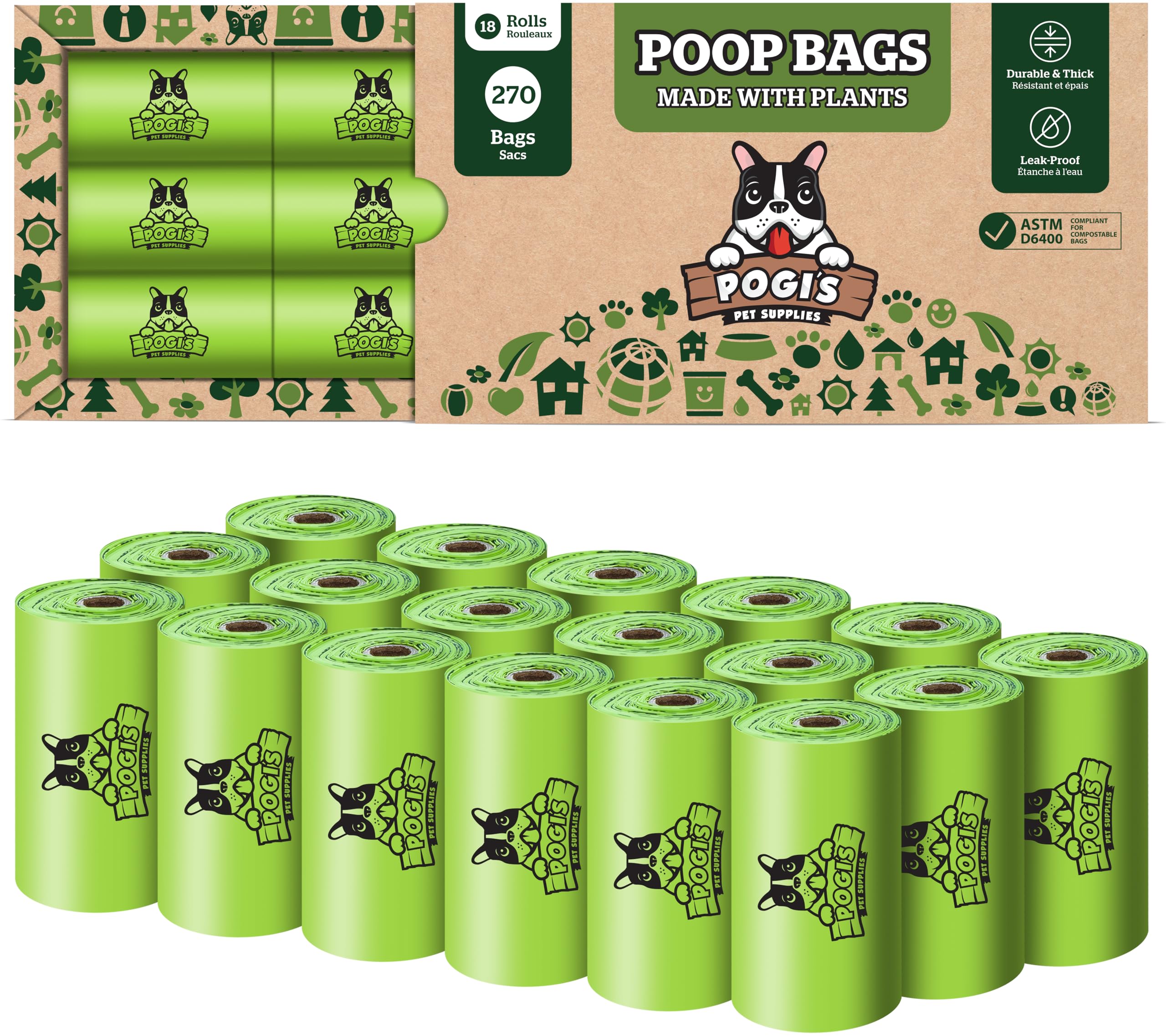 Pogi's Compostable Dog Poo Bags – Leak-Proof, Extra-Large, Made with Plants – 18 Rolls (270 Bags)