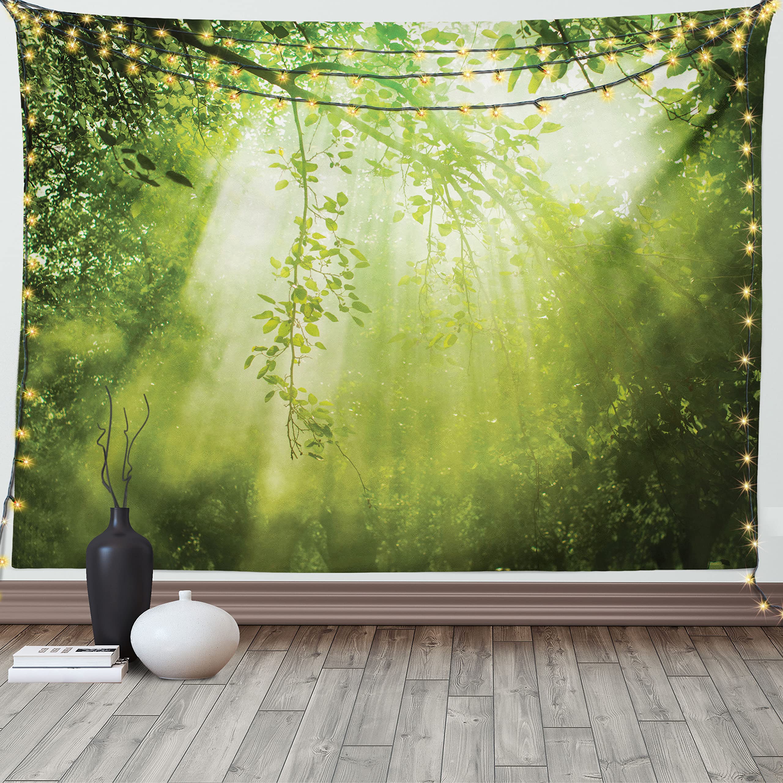 ABAKUHAUS Forest Tapestry, Rays of Sun Deep Dark in the Forest in Foliage with Effects Scenic Image Print, Wall Hanging for Bedroom Living Room Dorm, 80 W X 60 L, Green