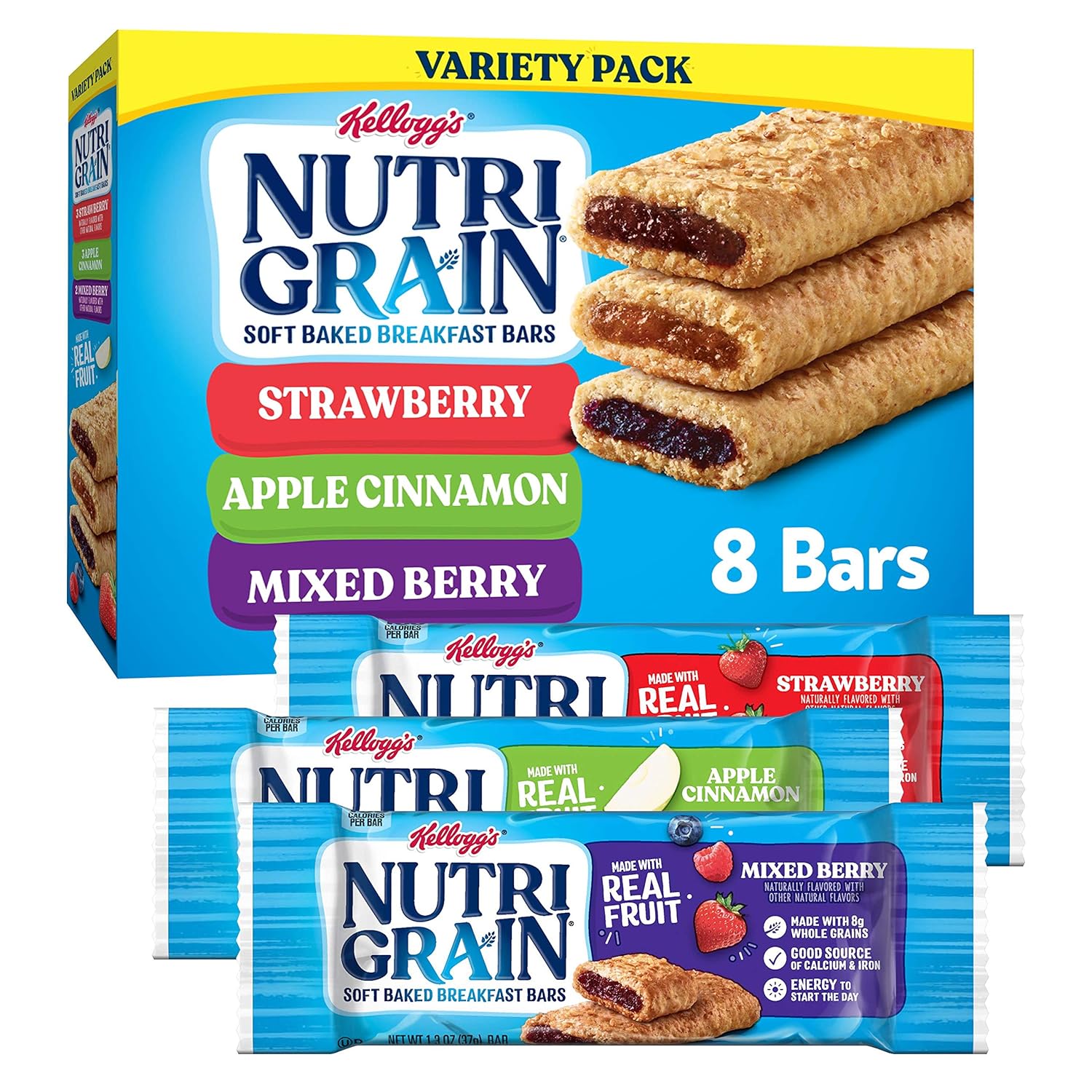 Kellogg's Nutri-Grain, Soft Baked Breakfast Bars, Variety Pack, 10.4 oz (8 Count)