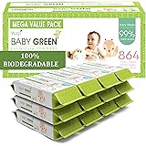 Baby Green Wipes Unscented Compostable Biodegradable and Organic– Value Pack (12 Packs of 72) 864 for Sensitive Skin