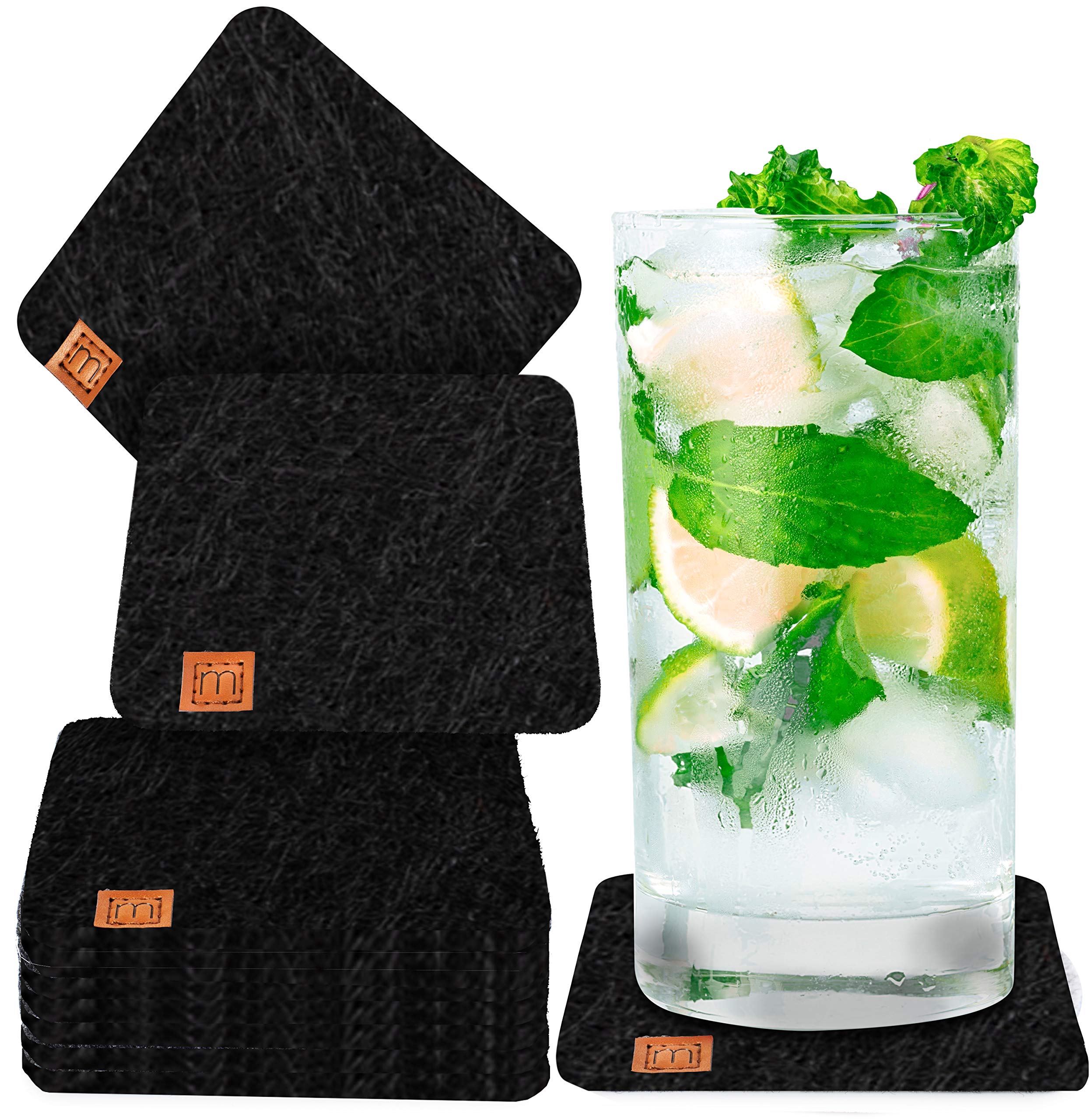 Miqio® Design Glass Coaster - Felt and Leather - Coasters Set of 10 for Drinks with Genuine Leather Appliqué - Easily Washable and Sound Absorbing Cup Mats