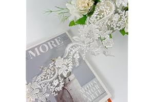 VIRFONOR 2yard Embroidered Lace Trim with Sequins and Beads,Floral Lace Appliqué Ribbon for Wedding Dresses, Gowns, Headpieces, DIY Sewing Crafts (Pattern F)