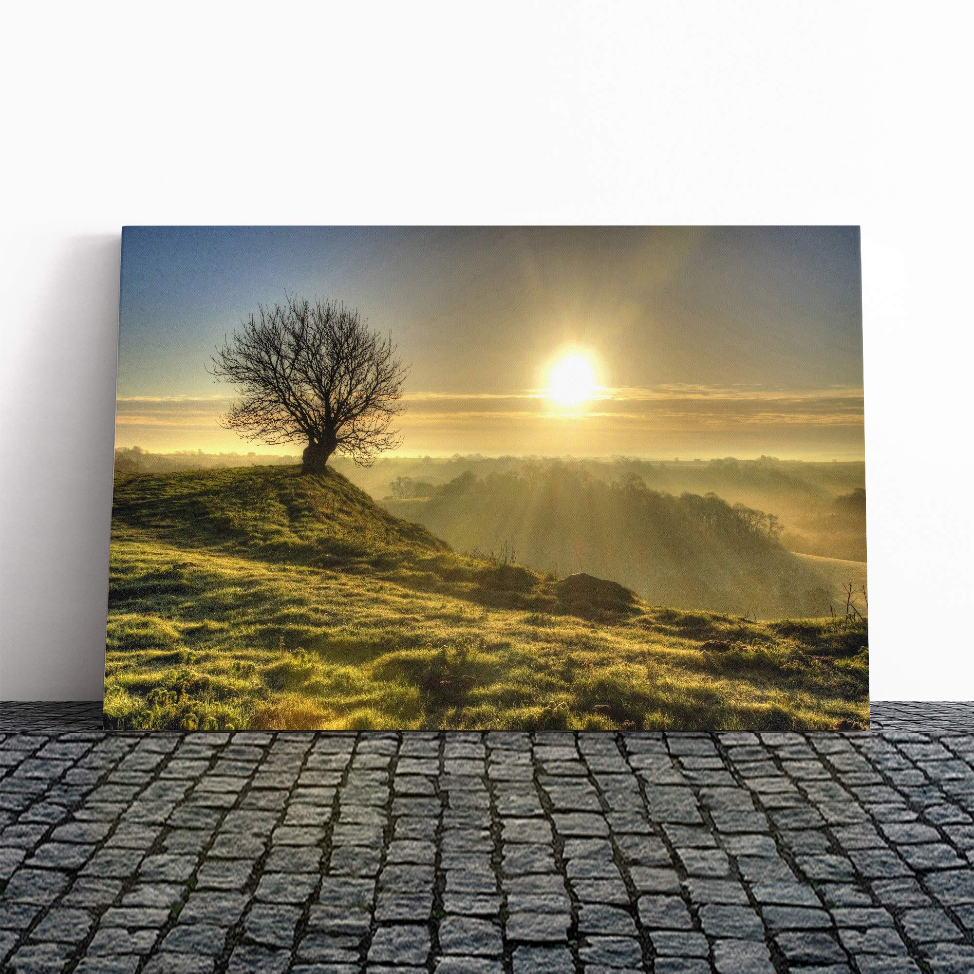 Landscape Lone Tree Sunrise Canvas Print | Gallery Wrapped 30mm Frame Wall Art | 20x14 inches | Ready to Hang | Modern Landscape Picture | Living Room Bedroom Lounge Office