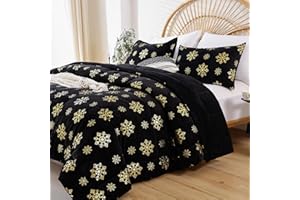 Smoofy Christmas Comforter Set Queen Size Metallic Snowflake Black Velvet Christmas Bedding Set Gold Printed Pattern Luxury Warm Xmas Winter Comforter Set 3Pcs (1 Comforter, 2 Pillowcases)