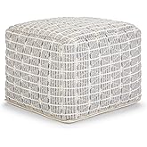 SIMPLIHOME Noreen Boho Square Pouf in Light Blue, White Handloom Woven Pattern for the Living Room, Bedroom and Kids Room
