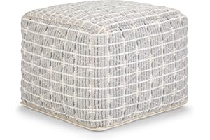 SIMPLIHOME Noreen Boho Square Pouf in Light Blue, White Handloom Woven Pattern for the Living Room, Bedroom and Kids Room