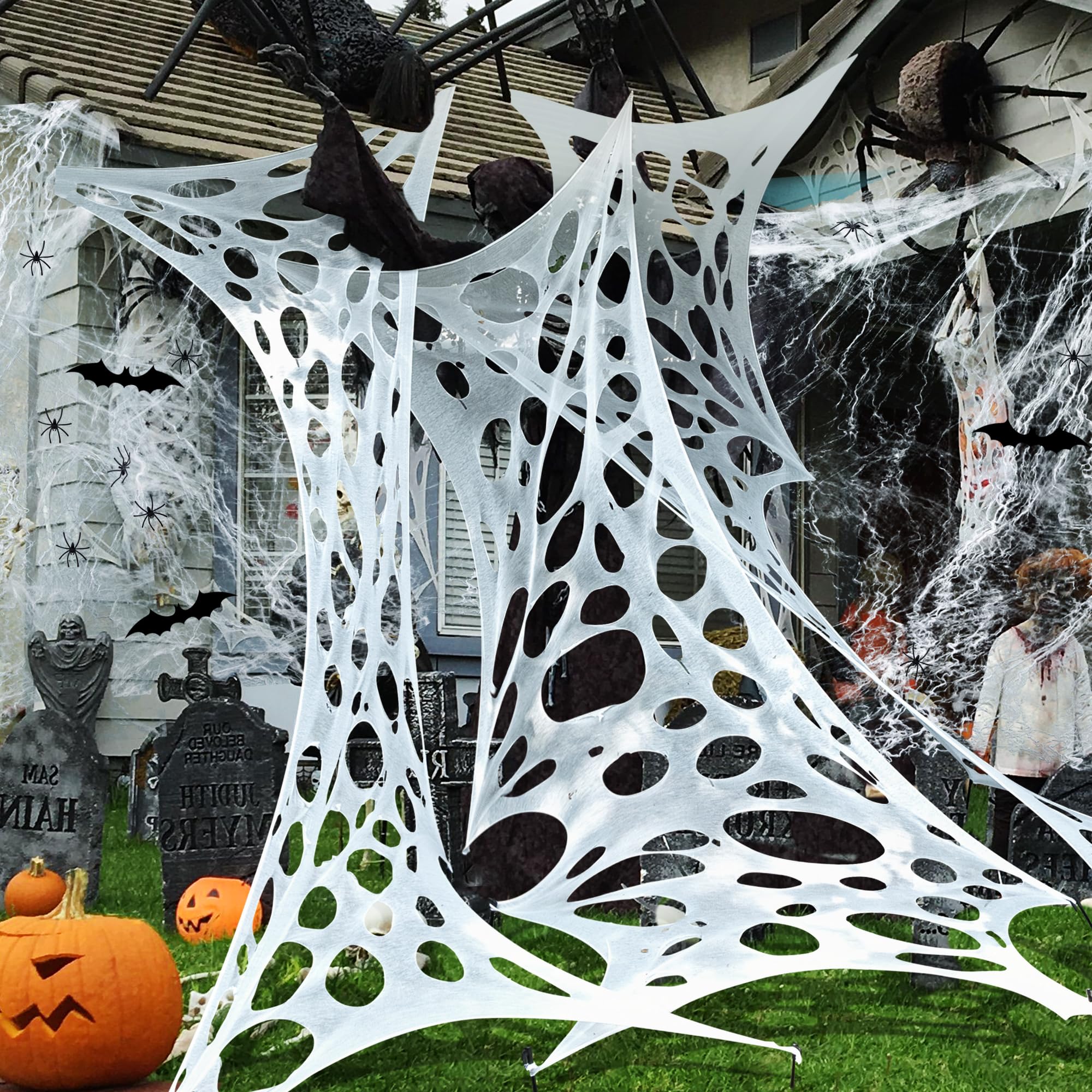 Photo 1 of 680 Sqft Cuttable Stretchy Spider Web Halloween Decoration, White Giant Outdoor Beef Netting Halloween Spider Webs, DIY Spooky Gauze Cobweb Fake Spiders Bats for Yard Garden Party Decor (236" x 39")