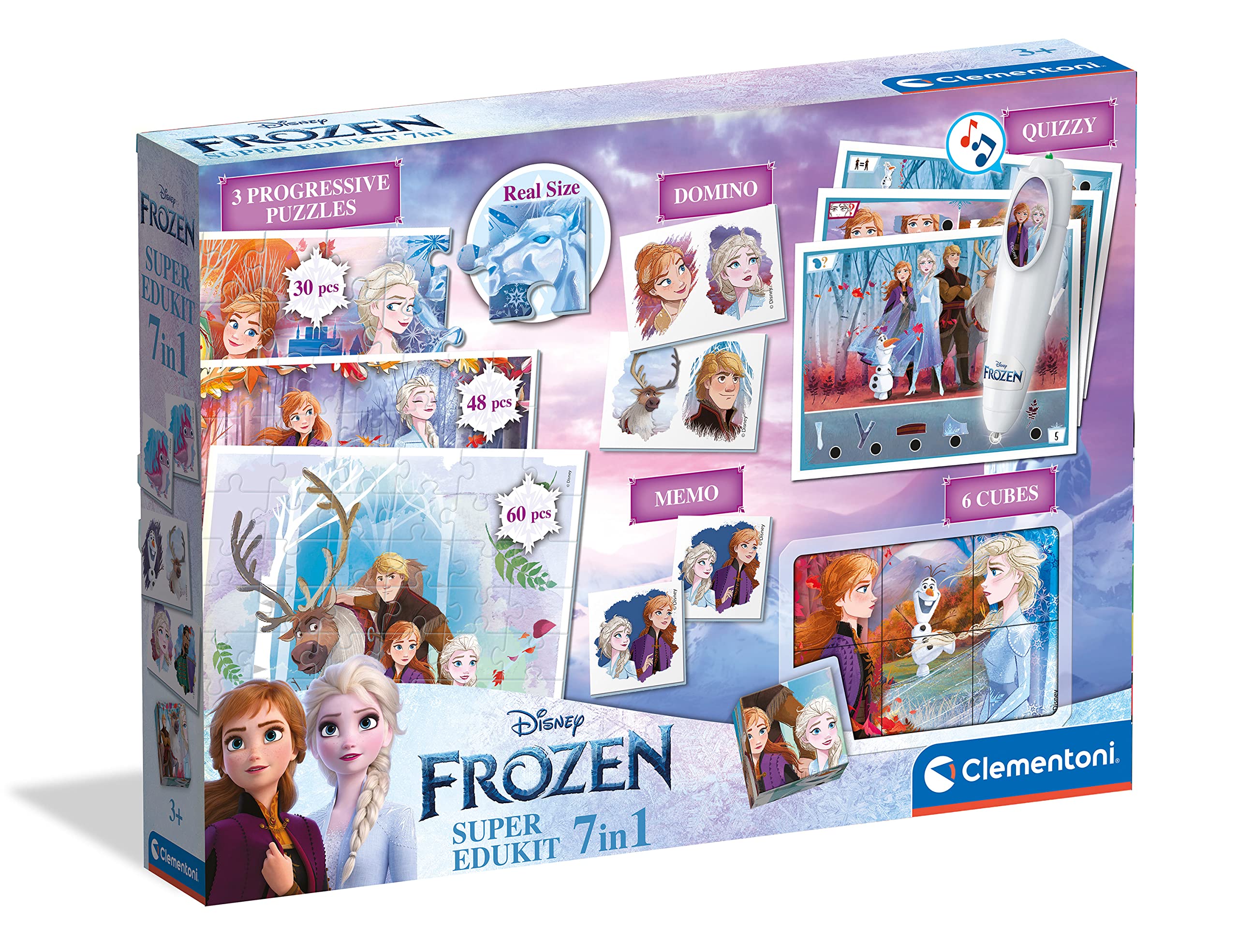 Clementoni - 18110 - Super Edukit 7 in 1 - Disney Frozen (3 Puzzles Of 30, 48 And 60 Pieces, 6 Cubes, A Memo, A Domino And 12 Quiz Cards) - Educational Game 3 Years - Made in Italy