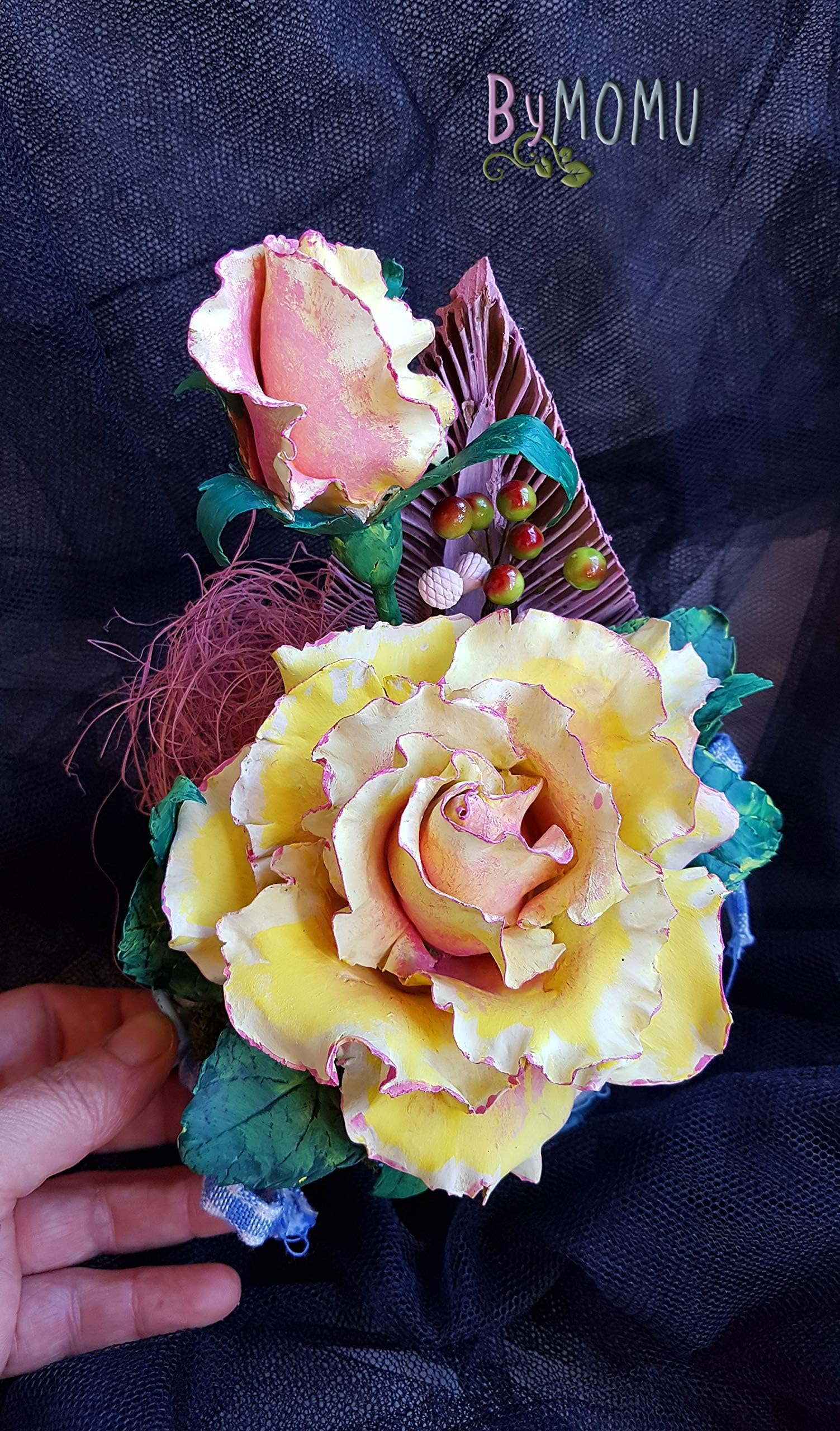 Flowers Cold Porcelain Miniature YELLOW ROSE Home Decor-Hand Made