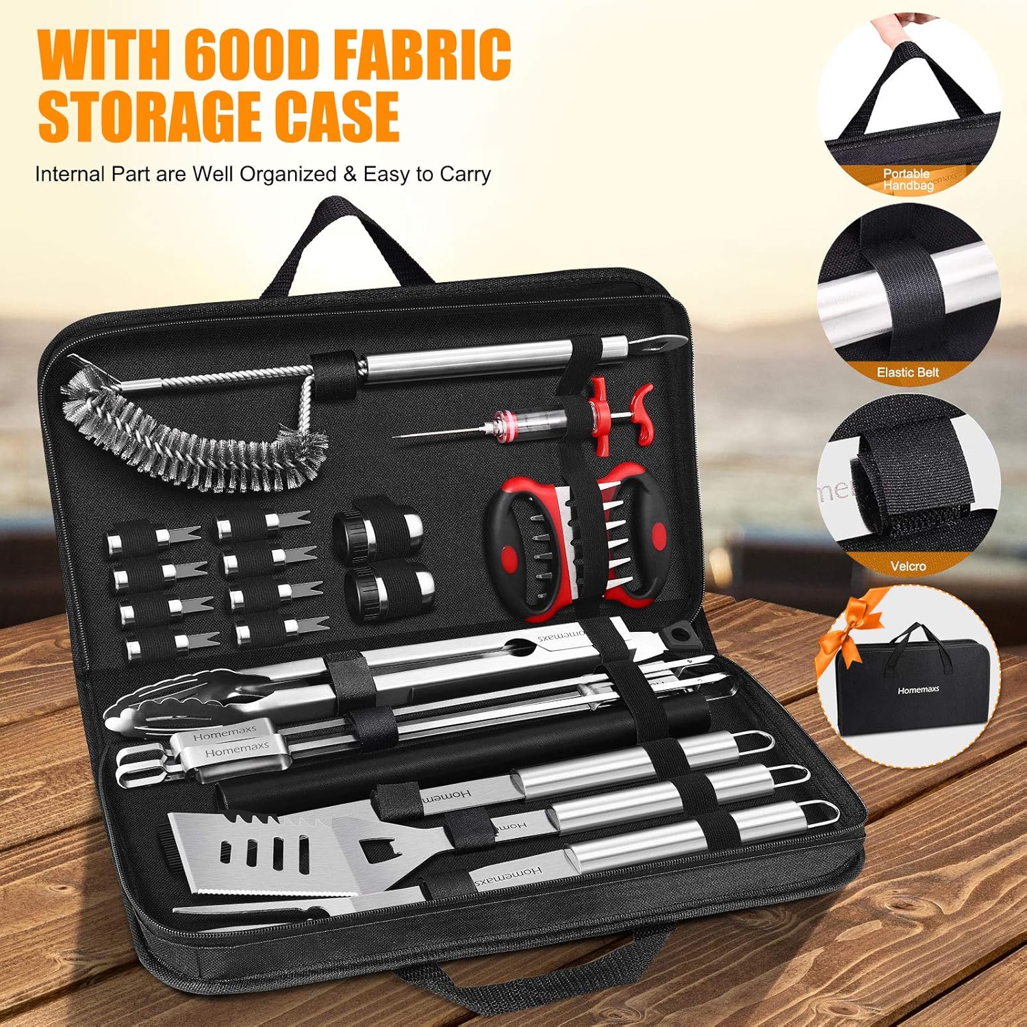 Homemaxs 25PCS Grilling Accessories, BBQ Grill Tools Set with Case, Barbecue Tools for Men, Extra Thick & Long Stainless Steel, Cleaning Brush, Meat Claw, Kabob, Meat Injector for Camping/Backyard BBQ : Garden & Outdoor