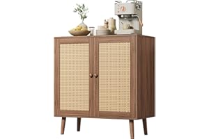 Huuger Buffet Cabinet with Storage, Storage Cabinet with Synthetic Rattan Decor Doors, Accent with Solid Wood Feet, Sideboard for Hallway, Entry, Living Room, Walnut