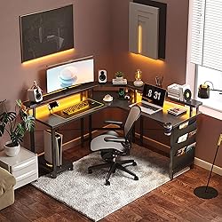 L Shaped Gaming Desk with LED Lights & Power