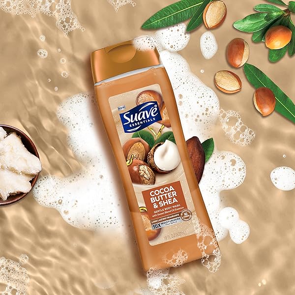 SUAVE ESSENTIALS GENTLE BODY WASH, COCOA BUTTER & SHEA WITH A SWEET OIL BLEND ESSENCE, INFUSED WITH VITAMIN E & HONEY EXTRACT 18 OZ