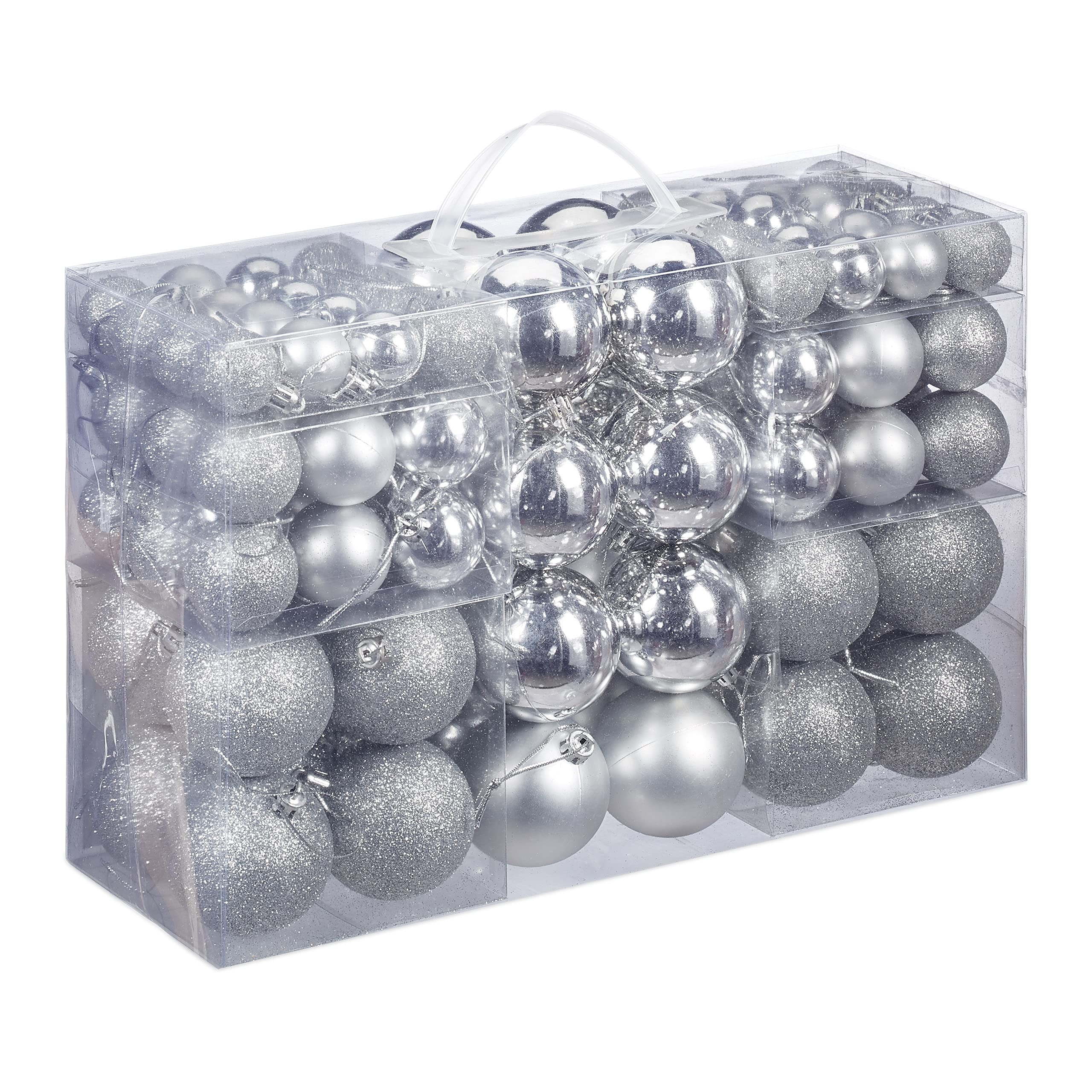 Relaxdays Christmas Baubles Set of 100, Festive Ornaments, Matt, Shiny, Glitter, Tree Balls ∅ 3, 4 & 6 cm, Silver, PS, 7 x 6 x 6 cm
