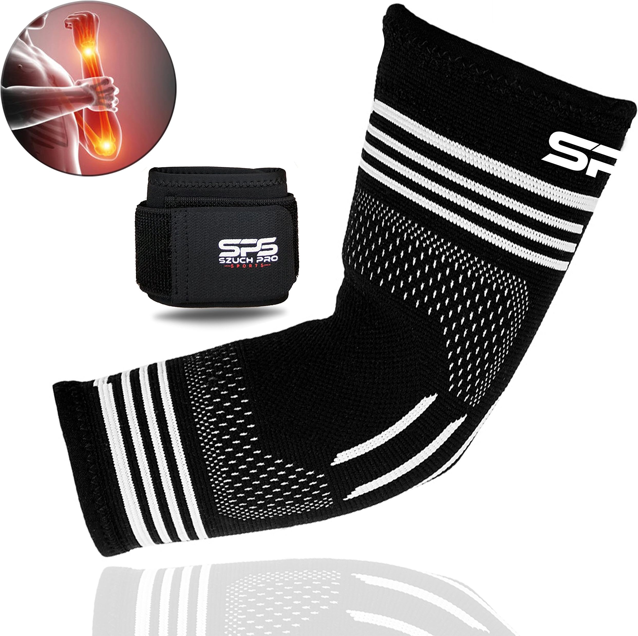 Szuch Pro SPS Tendonitis Compression Sleeve Support + Adjustable Wrist Supports for Workouts Weightlifting Tennis and Golfer's Elbow Brace Arm Sleeves Support for Men and Women Sports