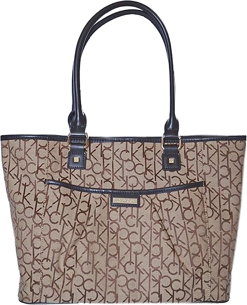 Calvin Klein CK Logo Purse Shoulder Hand Bag XL Tote Khaki Brown Beige