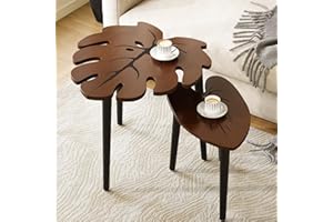 BAMEOS Monstera Leaf Nesting Tables Set of 2, Small Coffee Table Set with Leaf Vein Pattern, Modern Wooden Side Tables for Living Room Bedroom Apartment Balcony Yard