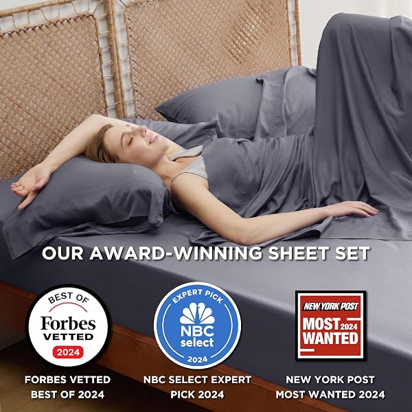 BEDSURE QUEEN SHEET SET, COOLING SHEETS FOR QUEEN SIZE BED SET, RAYON DERIVED FROM BAMBOO, BREATHABLE & SOFT DEEP POCKET UP TO 16 INCHES, HOTEL LUXURY SILKY BEDDING, BEDSHEET & PILLOWCASES, DARK GREY