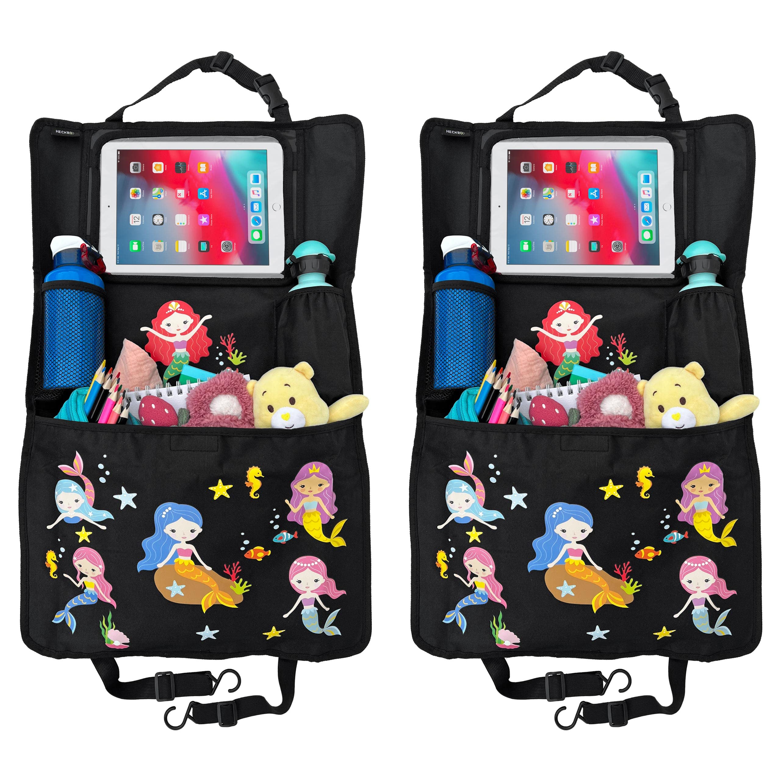 HECKBO 2x Children’s Car Seat Back Protector Organisers with Adjustable Tablet Holder & Storage Pockets – Mermaid Design