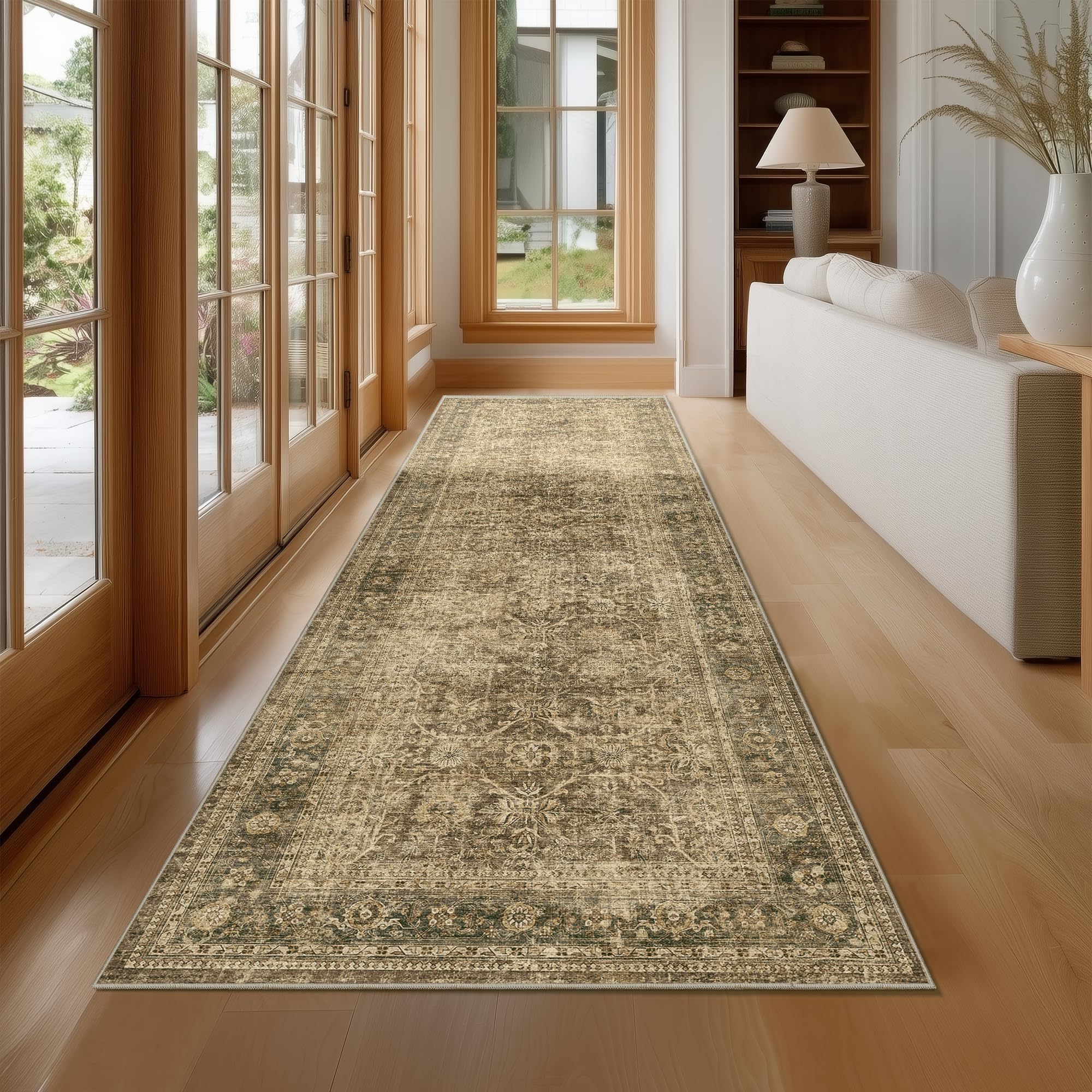 FMFUNCTEX 3x14 Runner Rug Brown Washable Vintage Neutral Distressed Non Slip Low Pile Indoor Carpet Soft Retro Floral Hallway Entryway Rug for Kitchen Living Room Bedroom Bathroom Laundry Bedside