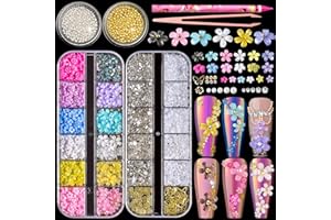 JINJINANV 4400pcs 3D Flower Nail Charms and Gems, Colorful Flower Charms for Nails Design, 4 Boxes Nail Rhinestones for Nail Art, Pearl Nail Charms and Silver Gold Caviar Beads for Nails w/ Wax Pencil Tweezers