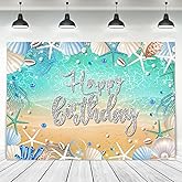 Ufeela Beach Ocean Backdrop 7Wx5H Feet Fabric Polyester Summer Happy Birthday Coastal Beachy Sea Blue Starfish Seashell Mermaid Diamonds Pearl Photography Background Banner Photo Shoot Decor Prop