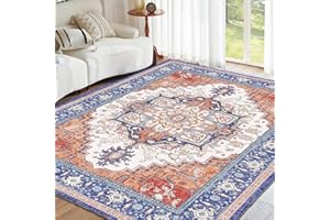 ROCYJULIN 5x7 Area Rugs for Living Room, Low-Pile Faux Wool 5 x 7 Rug for Bedroom, Non-Slip Indoor Carpet for High Traffic Areas, Blue and Orange