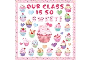 CPicdn 124Pcs Valentine's Day Cupcake Bulletin Board Classroom Decoration Set Our Class is So Sweet Cupcake Hearts Cutouts Valentine's Birthday Party Supplies School Classroom Chalkboard Wall Decor