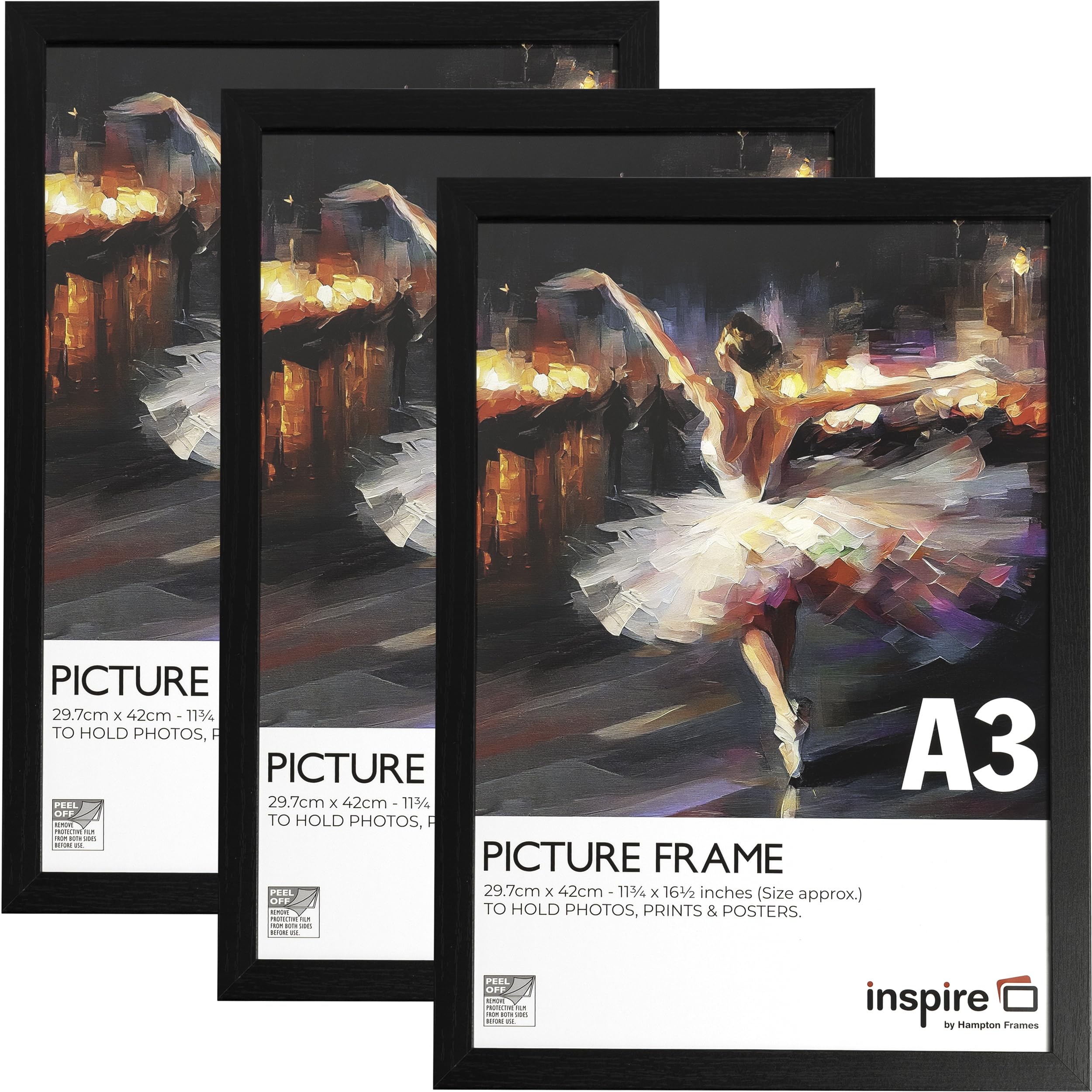 inspire by Hampton Frames | CAMBRIDGE A3 Poster Frames, 29.7x42cm, Black, Pack of 3, Engineered Wood, Acrylic Front | Wall Mount, Landscape or Portrait, Modern Home Décor Display