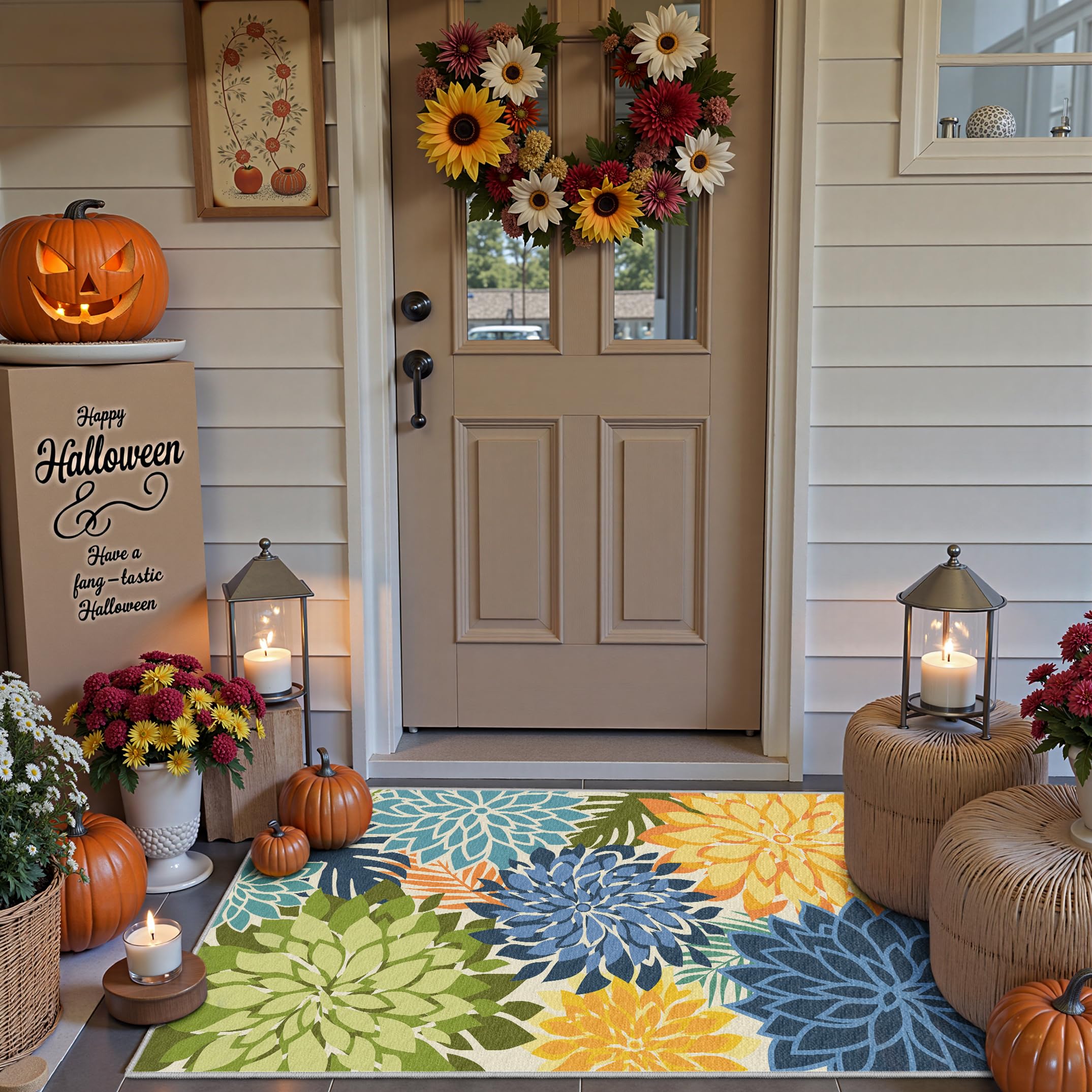 Photo 1 of Area Rug 2x3 Yellow Green Washable Entry Rug Halloween Fall Outdoor Rug Tropical Botanical Modern Floral Indoor Kitchen Door Mat Entrance Carpet Non Slip for Bedroom Living Room, Porch Pumpkin