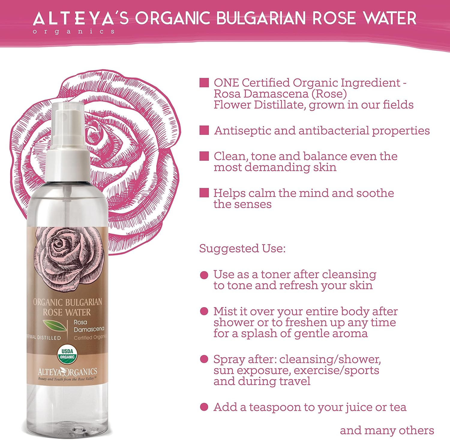 Alteya Organic Rose Water Spray 250ml, Pure Organic Rosa Damascena Hydrolat, No additives, No Artificial Ingredients - Image 5
