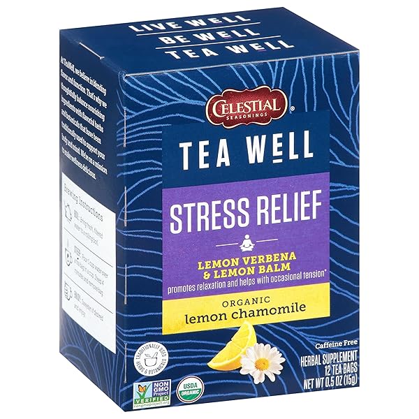 CELESTIAL SEASONINGS TEAWELL HERBAL TEA, STRESS RELIEF, LEMON VERBENA AND LEMON BALM, ORGANIC LEMON CHAMOMILE, CAFFEINE FREE WELLNESS TEA, 12 TEA BAGS