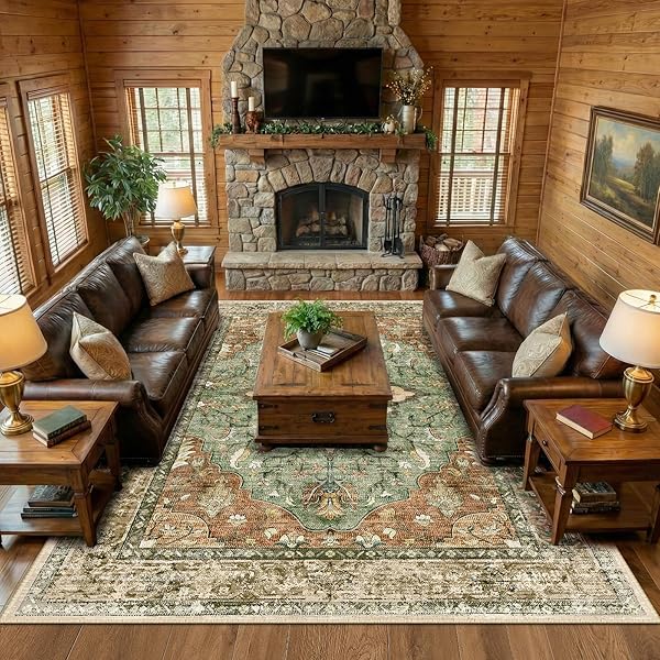 RELEANY AREA RUGS 9’X12′ WASHABLE NON-SLIP, FLORAL VINTAGE DISTRESS PRINT PATTERN MEDALLION CARPET FOR LIVING ROOM BEDROOM DINING ROOM, BRICK RED RUST NEUTRAL BROWN BURNT ORANGE GREEN
