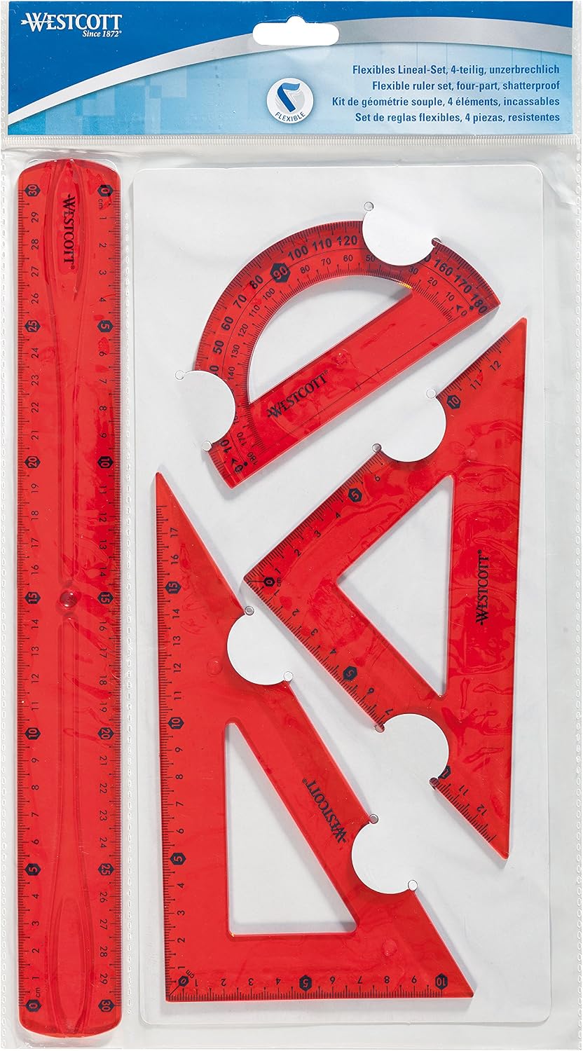 Westcott Flexible Ruler Set of 4 - 30 cm, 60 ° set square/18 cm, 45 °/13 cm, 180 ° protractor/12 cm - Plastic - Assorted Colors - Image 4