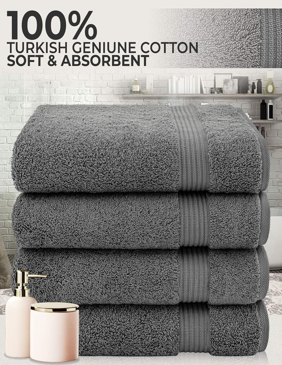 Hotel & Spa Quality 100% Turkish Genuine Cotton, Absorbent & Soft Decorative Luxury 4-Piece Bath Towel Set by United Home Textile, Grey: Home & Kitchen