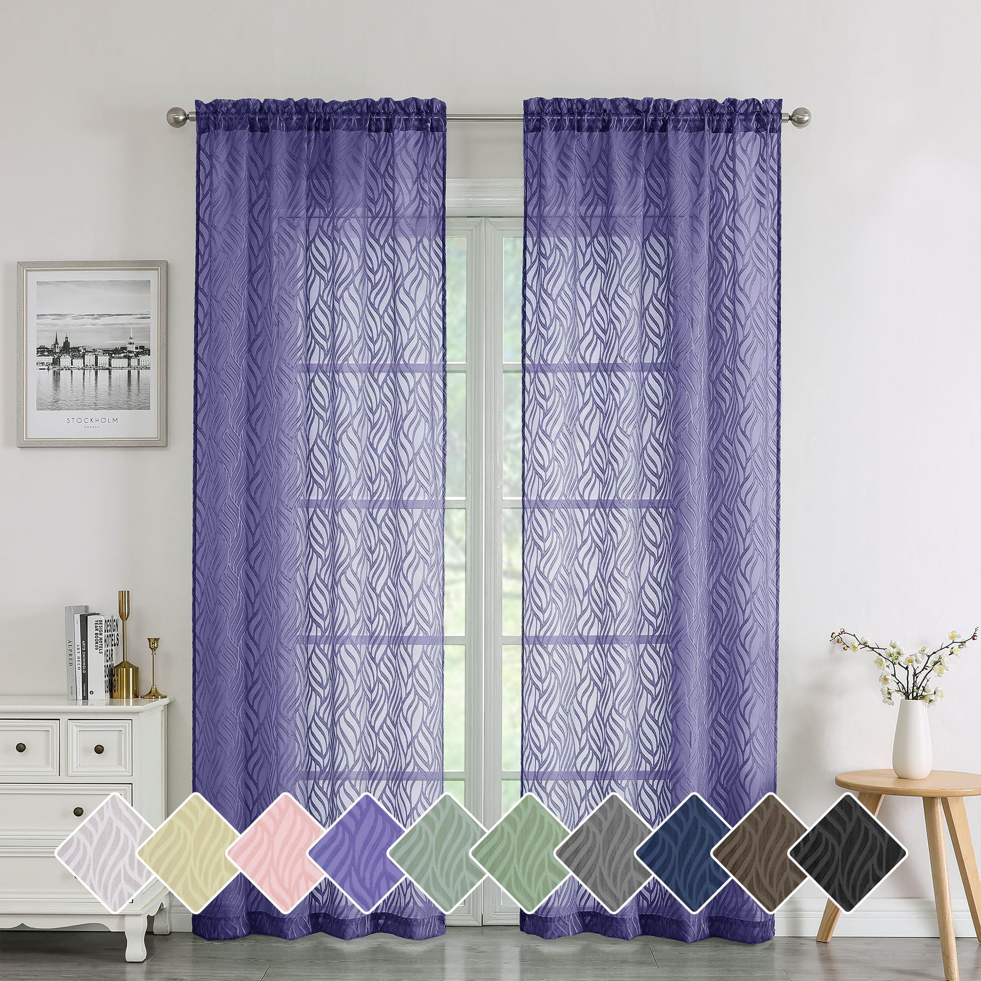 Photo 1 of Chyhomenyc Marilyn Sheer Purple Curtains 84 Inch Length 2 Panels, Light Filtering Breathable 3D Leaf Clip Jacquard Textured Sheer Curtain Drapes for Bedroom Living Room Window, 38Wx84L Inches