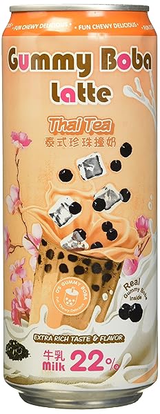 O’S BUBBLE GUMMY BOBA LATTE CANNED BUBBLE TEA DRINK WITH CHEWY BOBA PEARLS (KONJAC), 22% WHOLE MILK BLEND, 470ML(15.9 FL OZ/CAN), THAI TEA, (PACK OF 12)