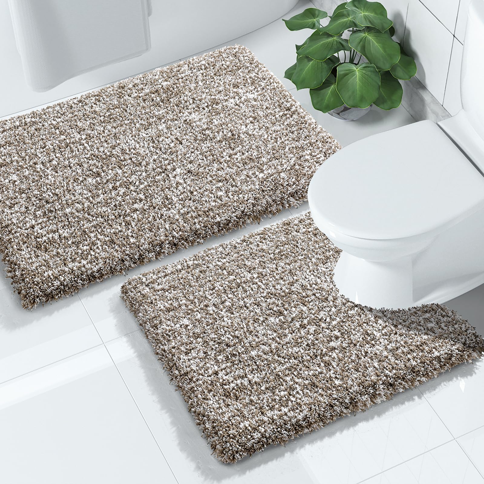 Photo 1 of ***MISSING ONE***Yimobra Fluffy Bathroom Rugs Sets 2 Piece, Shaggy Toilet Rug U Shaped, Soft Non Slip Bath Mat, Thick Plush Shower Rug, Water Absorbent, Machine Washable,32x20+24x20 Inches, Light Brown and White