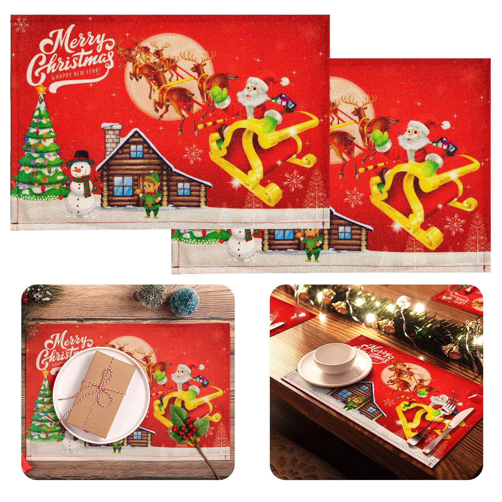 Whaline 6 Pack Christmas Placemats Winter Holiday Table Mats Santa Xmas Tree Snowman Place Mats Vintage Waterproof Heat Resistant Table Placemats for Home Kitchen Dining Table Decor,16.7" x 11.2"