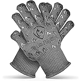 Oven Gloves with Fingers - 932°F Extreme Heat Proof and Cut Resistant Mitts for Kitchen, BBQ, Grill, Baking, Fire Pit - EN407 Certified with Non-Slip Silicone Grip and Cotton Lined for Comfort