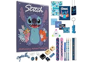 Disney Stitch Kids Advent Calendar 2025 with 24 Surprise Items, Keychain, Sticky Notes, Pencils, Stamps, Erasers, Notebooks, Gifts for Kids (Blue Stitch Stationery)