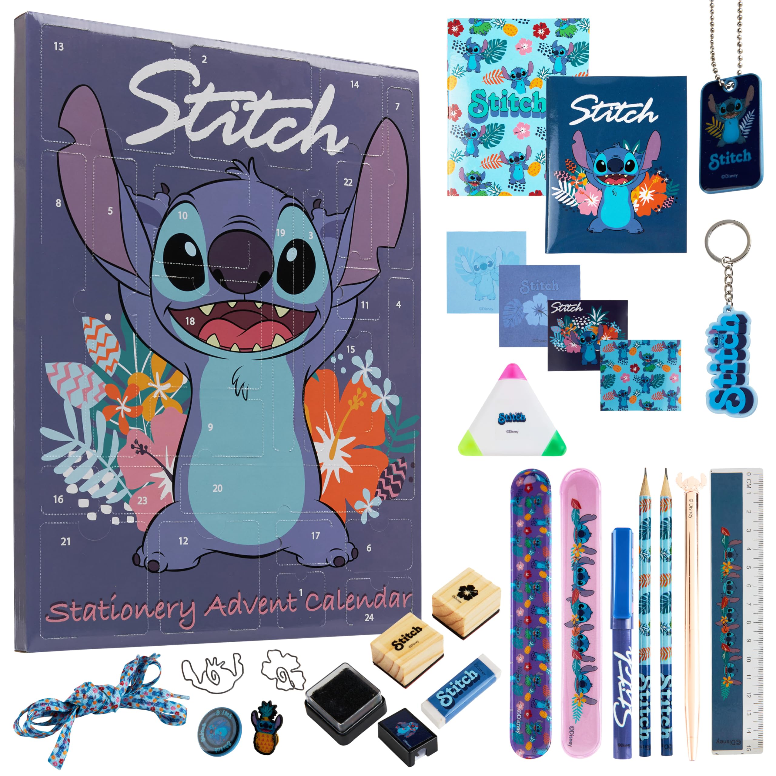 Disney Stitch Advent Calendar 2025 Stationery and Accessories Christmas Countdown Calendar with Necklace Keyring Pen Snap Bracelets Stamps (Blue Stitch Stationery)