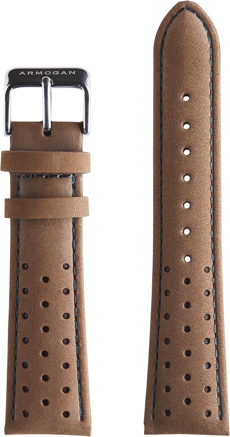 Armogan Genuine Suede Rally Perforated Leather Watch Strap SR52S Brown Stainless Buckle