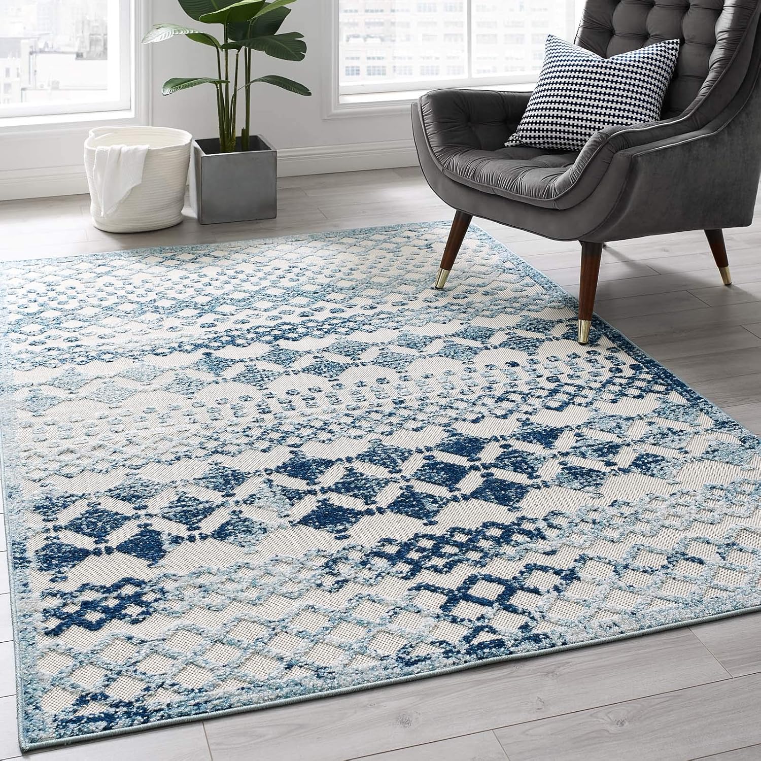 Modway Reflect Giada Distressed Vintage Abstract Diamond Moroccan Trellis 5x8 Indoor and Outdoor Area Rug, Ivory and Blue